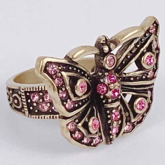 Signed Heidi Daus Pink Swarovski Crystal Butterfly Gold Tone Ring Size 6.75 VTG - Picture 3 of 12